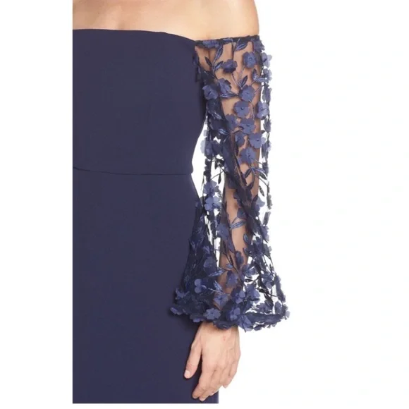 ELIZA J Off The Shoulder 3D Floral Sleeve Navy scuba crepe Blue Gown size 8 - Picture 6 of 13